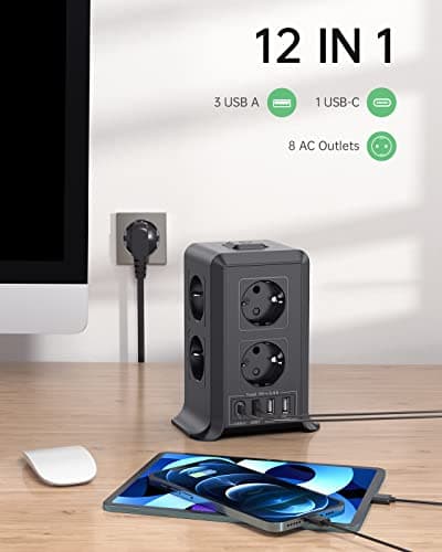 Multiprise avec interrupteur 8 prises et 4 USB pour la maison et le bureau - Protection contre la surtension et les écla