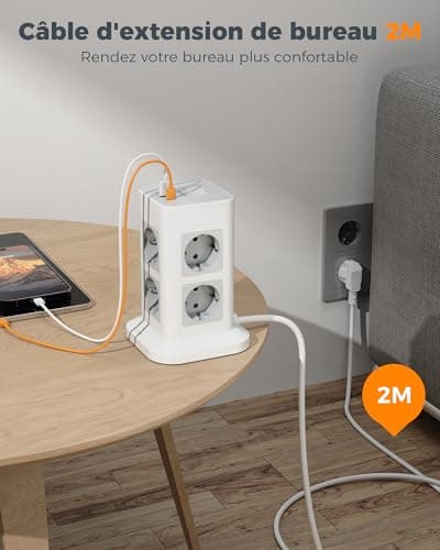 TESSAN Tour Multiprise Parafoudre et Surtension Gris Convient pour Bureau et Maison 8 Sorties AC 3 Ports USB 3600W Inter