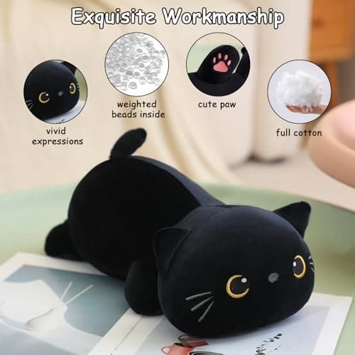 Chat Noir lesté en Peluche - Jouet Idéal pour Enfants et Adultes - Oreiller Doux - 24 cm - 0,4 kg