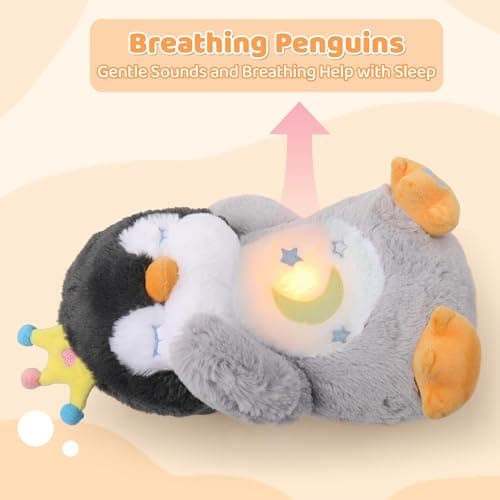 Edencomer Peluche Qui Respire avec Bruit Blanc, Veilleuse Musicale et Lumineuse, Cadeau pour Bébé Nouveau-Né (Pingouin G