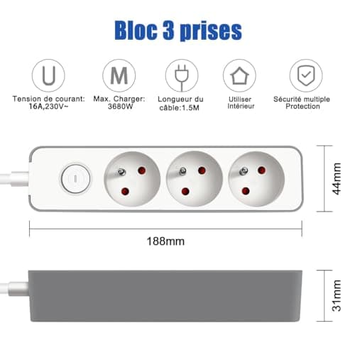 EXTRASTAR Multiprises 3 Prises avec Sécurité Enfant, Bloc 3 Prises avec Interrupteur, Rallonge 1.5m 230 V en Blanc