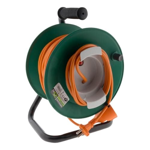 Enrouleur sans Prise 2x1,5mm² 25m Base Métal + Coupe Circuit Électrique - Vert/Orange - Zenitech