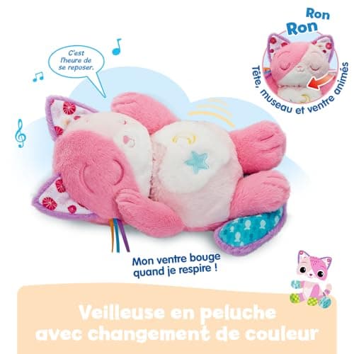 VTech MonChatonDouceNuitRose PelucheQuiRespireetRonronne VeilleuseBébéMusical - Contenu en Français - Cadeau Nouveau-Né