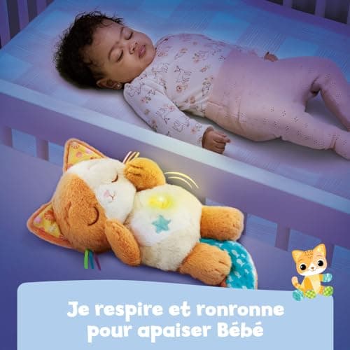 VTech Mon Chaton Douce Nuit - Peluche Chat Qui Respire, Veilleuse Bébé Musicale avec Lumière, Berceuses et Bruits Blancs