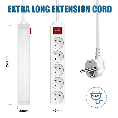 EXTRASTAR Bloc Multiprise 5 Prises 16A Blanc Lot de 2 - Interrupteur Rallonge Electricité