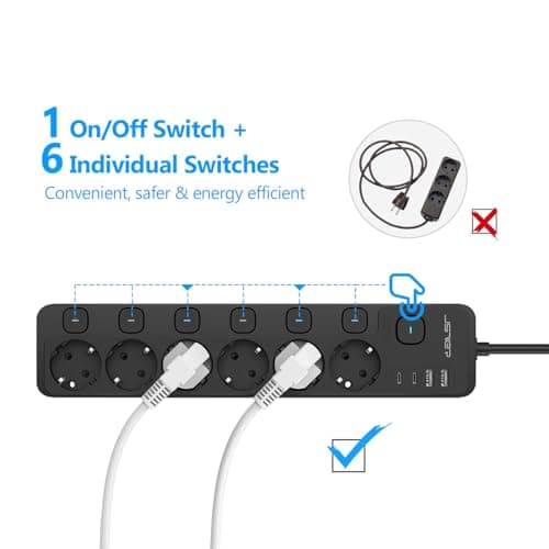 JavaScripter Multiprise USB avec Interrupteurs individuels - Multiprise 6 prises 2 USB - Noir