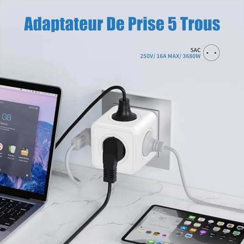 Prise cubique 5 en 1 Murale 3680W Gris pour Domicile et Bureau