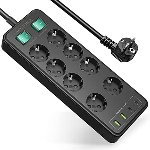 Multiprise with Switch 10 French SocketsWith Earth 16A 2P+T, Rapid Charge Block PD20W 2100J Lightning and Overvoltage Pr — Noir 8AC