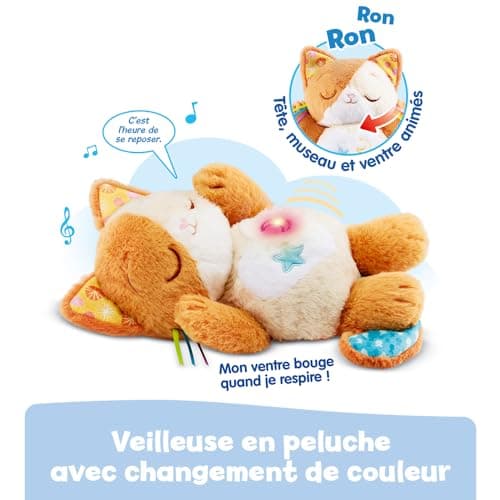 VTech Mon Chaton Douce Nuit - Peluche Chat Qui Respire, Veilleuse Bébé Musicale avec Lumière, Berceuses et Bruits Blancs