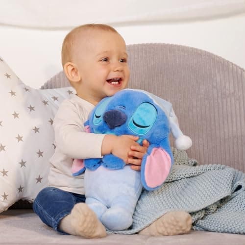 Simba Peluche Stitch Dormant Disney Licencé - 31 cm avec Fonction Respiration, Lumière et Musique Relaxante pour Bébé (6