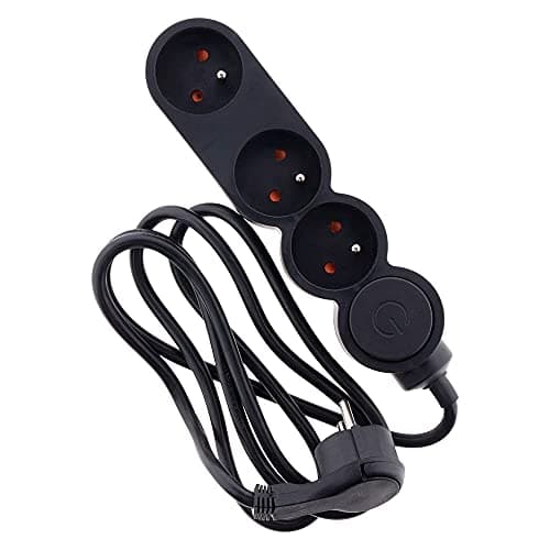 Bloc Home 3 prises 16A 2P+T avec interrupteur et fiche extraplate - Noir - 1,5m | Sécurité electrique | Maison | Cuisine
