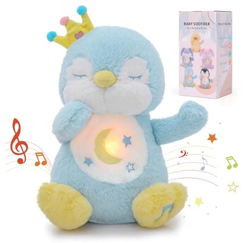 Edencomer Peluche Qui Respire avec Bruit Blanc, Veilleuse Musicale et Lumineuse, Cadeau pour Bébé Nouveau-Né (Pingouin G — Pingouin Bleu