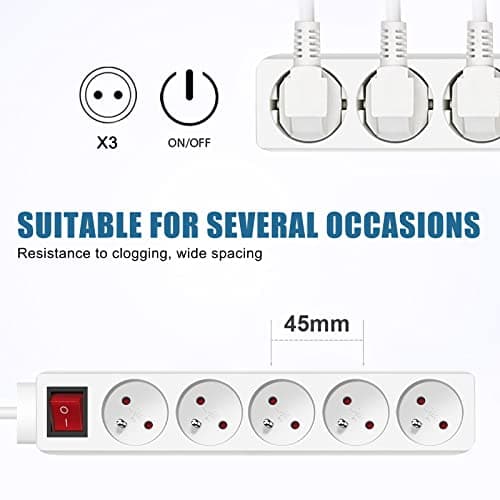 EXTRASTAR Bloc Multiprise 5 Prises 16A Blanc Lot de 2 - Interrupteur Rallonge Electricité