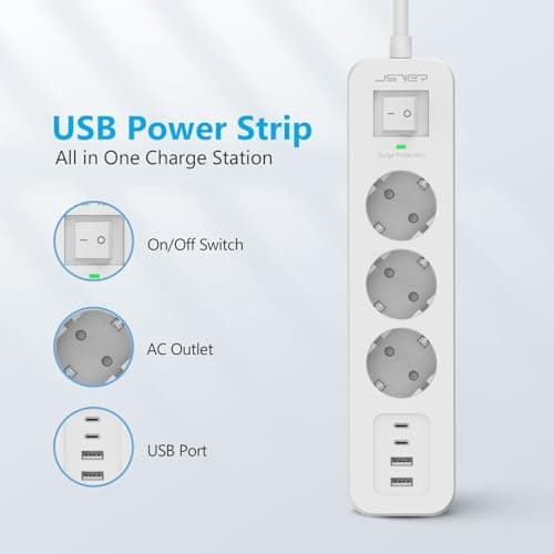 JSVER Multiprise USB-C avec Parafoudre et Surtension - 3 Prises + 4 Ports USB 5V3A, Rallonge Électrique 3M pour Maison B