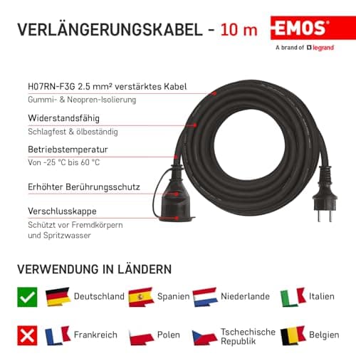 EMOS Rallonge 10 m Schuko en caoutchouc IP44 pour extérieur H07RN-F3G 2,5 mm2