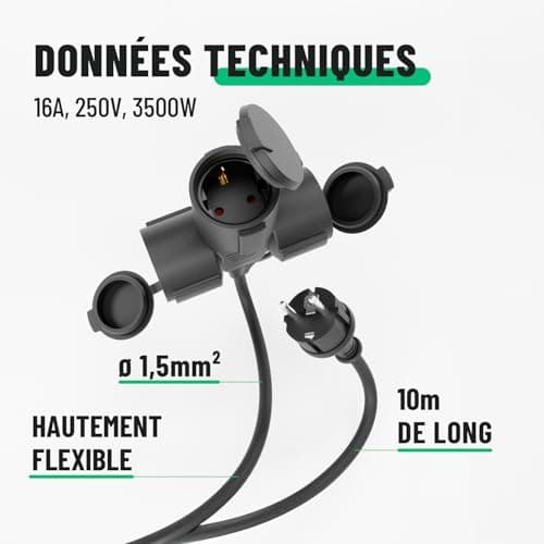 Rallonge électrique GREATE 10m IP44 extérieure 3500W - Prolongateur étanche pour extérieur - Rallonge électrique 3 prise