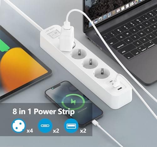 JSVER Multiprise USB Cpour Voyageurs Actifs, Parasurtenseur 3680W Parafoudre et Surtension Multi Prises Blanc