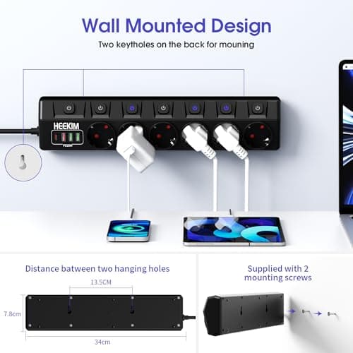 Multiprise 6 prises 7 interrupteurs 3 ports USB-A 1 port USB-C protection enfant maison bureau (4000W/16A) (cordon de 2m