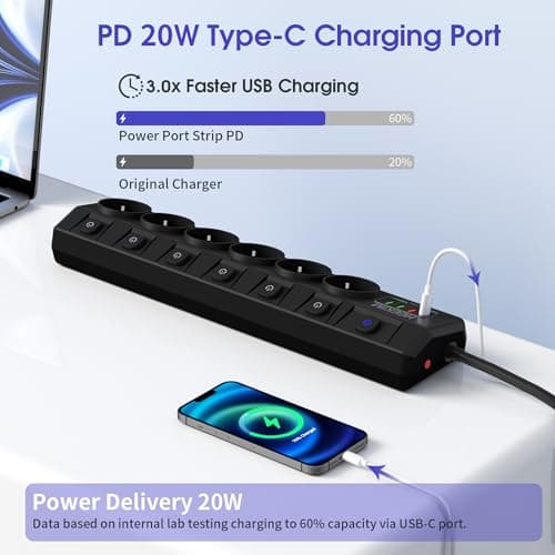 Multiprise 6 prises 7 interrupteurs 3 ports USB-A 1 port USB-C protection enfant maison bureau (4000W/16A) (cordon de 2m