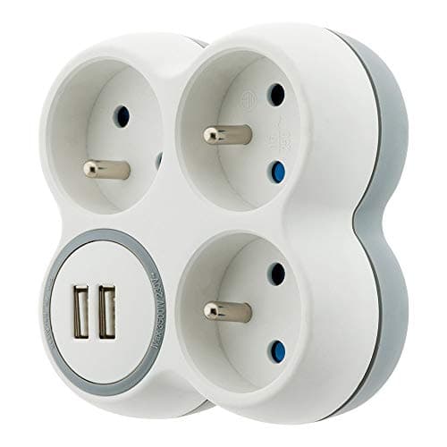 Zenitech Triplite 16A 2P+T + 2 Ports USB – Multifonction Blanc et Gris Protection Éclairage Bureau Maison
