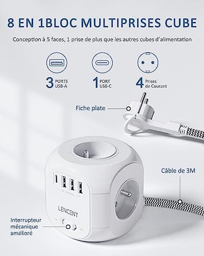 Multiprise Lenovo avec Interrupteur Parafoudre 4 Prises 3USB Type C, Bureau et Maison Tressé Câble 3M