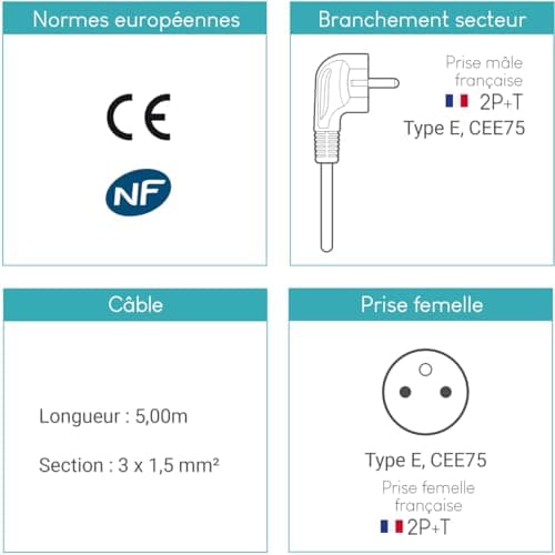 Waytex 51021 Prolongateur électrique noir 5,00m 3x1,5mm2 Prises 16A Europe 2P+T Sécurité Enfant CE NF