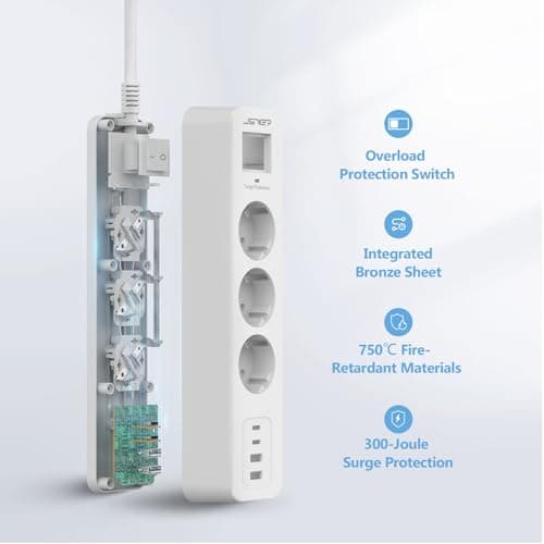 JSVER Multiprise USB-C avec Parafoudre et Surtension - 3 Prises + 4 Ports USB 5V3A, Rallonge Électrique 3M pour Maison B