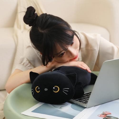 Chat Noir lesté en Peluche - Jouet Idéal pour Enfants et Adultes - Oreiller Doux - 24 cm - 0,4 kg