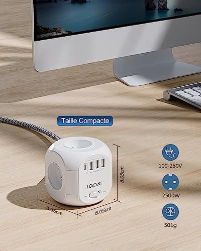 Multiprise Lenovo avec Interrupteur Parafoudre 4 Prises 3USB Type C, Bureau et Maison Tressé Câble 3M