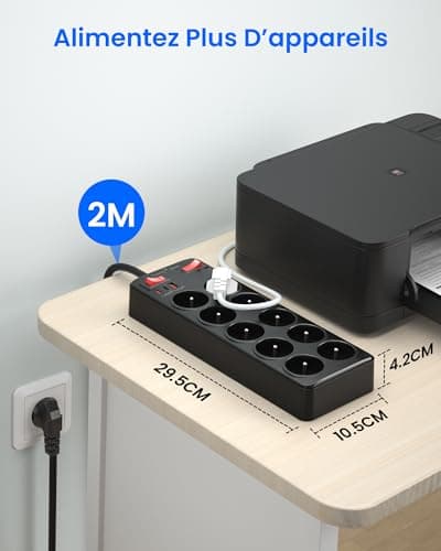Multiprise with Switch 10 French SocketsWith Earth 16A 2P+T, Rapid Charge Block PD20W 2100J Lightning and Overvoltage Pr
