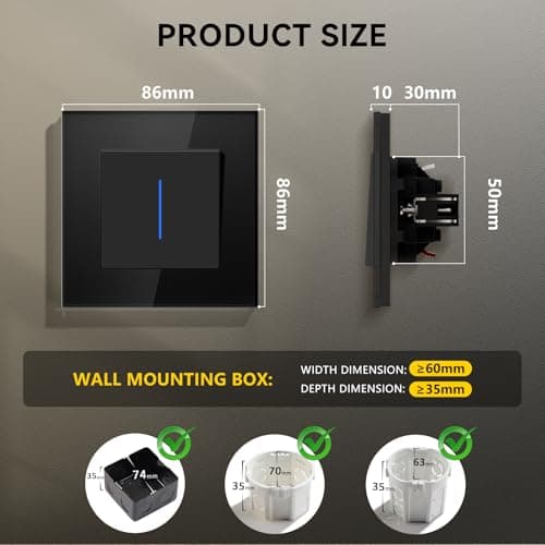 BSEEDLIFE Interrupteur mural LED facile à installer, cristal en verre, 1 gang 1 voie 86x86mm Noir