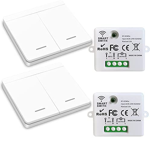 CetteRC Interrupteur d'éclairage sans fil 10A, Installation facile pour lampe jusqu'à 1500W, Contrôleur RF et sécurité — 2 récepteurs et 2 commutateurs
