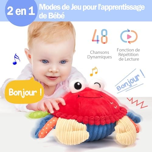 Jouet Hahaland Bebe 6-12 Mois Crabe Qui Marche avec Musique & Enregistrement, Jouets Interactifs pour Tummy Time, Cadeau