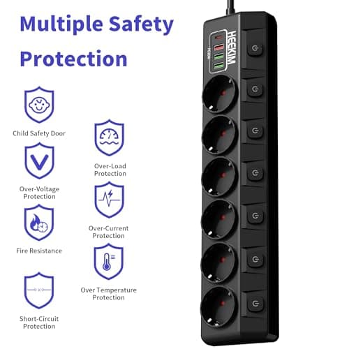 Multiprise 6 prises 7 interrupteurs 3 ports USB-A 1 port USB-C protection enfant maison bureau (4000W/16A) (cordon de 2m