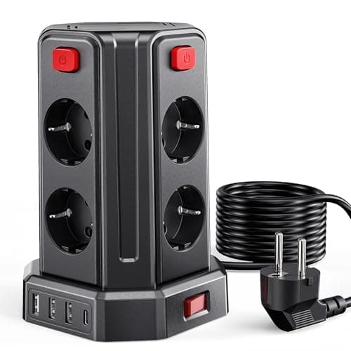 Multiprise USB Parafoudre avec 8 Prises et 4 Ports USB, Rallonge Électrique 3M avec 4 Interrupteurs, Multiprise Sécurisé — Noir