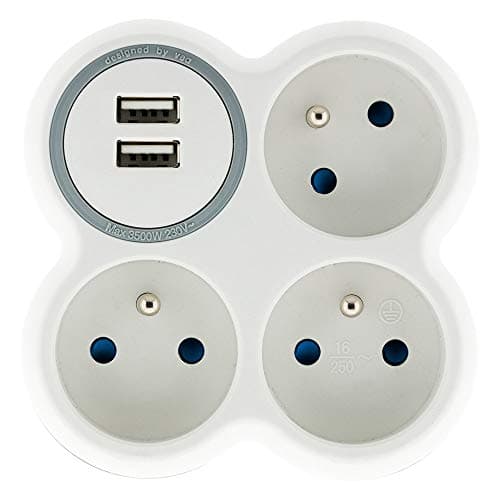 Zenitech Triplite 16A 2P+T + 2 Ports USB – Multifonction Blanc et Gris Protection Éclairage Bureau Maison