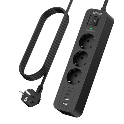 JSVER Multiprise USB-C avec Parafoudre et Surtension - 3 Prises + 4 Ports USB 5V3A, Rallonge Électrique 3M pour Maison B — Noir 3M