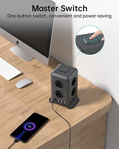 Multiprise avec interrupteur 8 prises et 4 USB pour la maison et le bureau - Protection contre la surtension et les écla