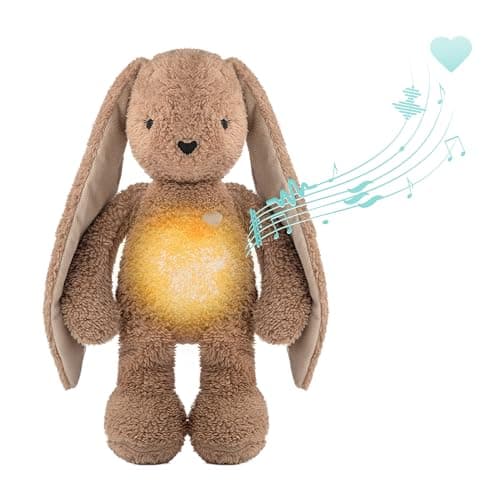 MyHummy Lapin Apaisant 5-en-1, Marron, Fonction Lumière et Sons, Peluche personnelle imprimée avec nom, Charge USB