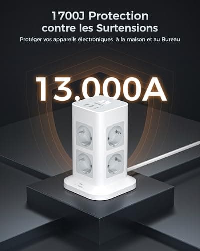 TESSAN Tour Multiprise Parafoudre et Surtension Gris Convient pour Bureau et Maison 8 Sorties AC 3 Ports USB 3600W Inter