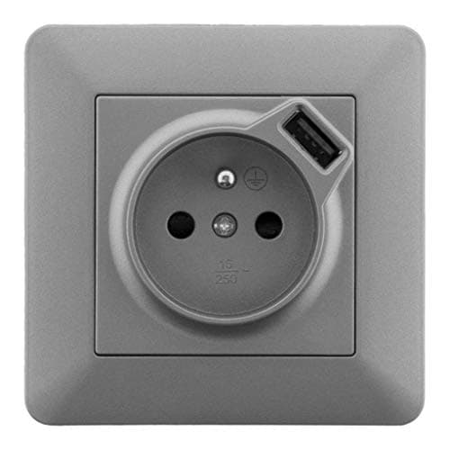 Zenitech Prise 2P+T 16A Port USB 2,4A Titanium pour Smartphones, Tablettes - Plug Électrique Durable avec Charge Rapide