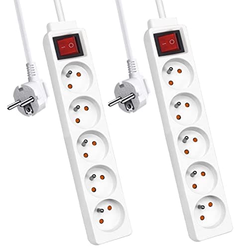 EXTRASTAR Bloc Multiprise 5 Prises 16A Blanc Lot de 2 - Interrupteur Rallonge Electricité