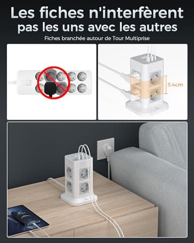 TESSAN Tour Multiprise Parafoudre et Surtension Gris Convient pour Bureau et Maison 8 Sorties AC 3 Ports USB 3600W Inter