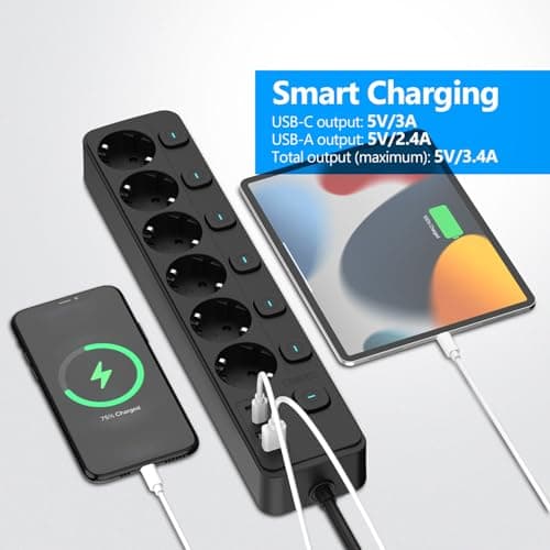 JavaScripter Multiprise USB avec Interrupteurs individuels - Multiprise 6 prises 2 USB - Noir