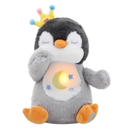Edencomer Peluche Qui Respire avec Bruit Blanc, Veilleuse Musicale et Lumineuse, Cadeau pour Bébé Nouveau-Né (Pingouin G