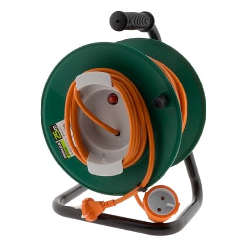 Enrouleur sans Prise 2x1,5mm² 25m Base Métal + Coupe Circuit Électrique - Vert/Orange - Zenitech