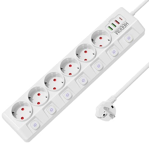 Multiprise 6 prises 7 interrupteurs 3 ports USB-A 1 port USB-C protection enfant maison bureau (4000W/16A) (cordon de 2m — blanc
