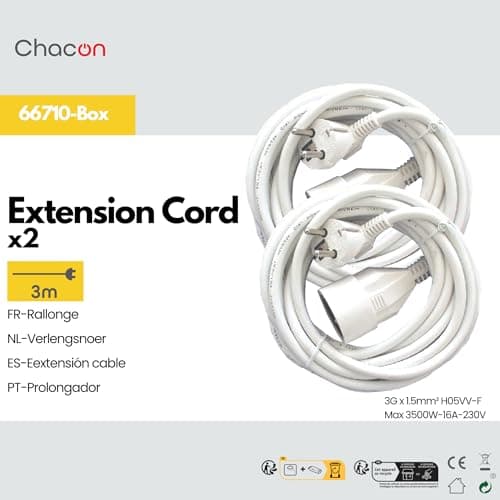 Prolongateurs Chacon HO5VVF 3 x 1,5mm²-3 m Blanc Électriques pour Installation Domestique