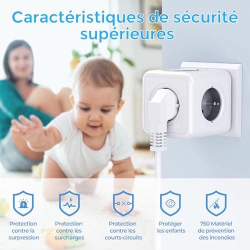 Prise cubique 5 en 1 Murale 3680W Gris pour Domicile et Bureau