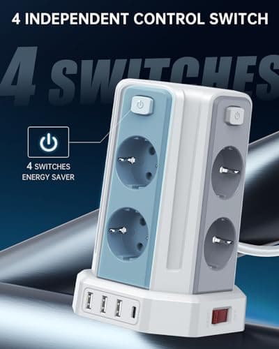 Multiprise Parafoudre et Surtension Tour Multiprise 8 Sorties AC 4 Ports USB Blanc Convient pour Maison et Bureau